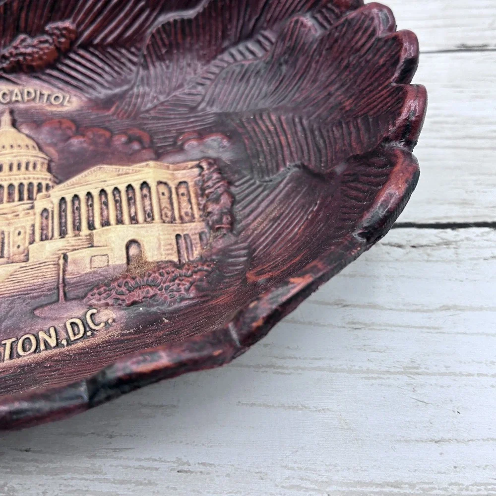 Vintage U.S. Capitol Washington D.C. Souvenir Dish Tray Wood Look Carved Style